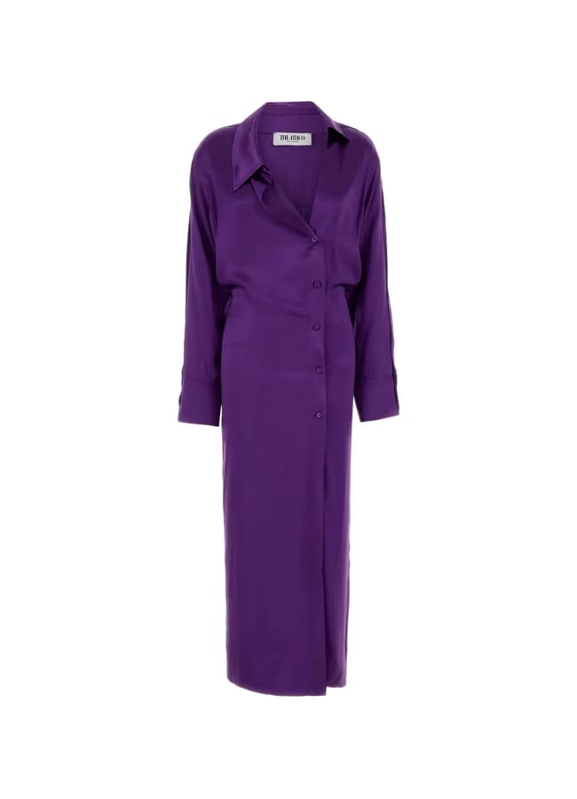 Long-sleeved purple midi shirt dress with a button-through front.