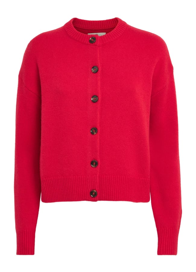 Bright red long-sleeved crew-neck cardigan with a button-through fastening.