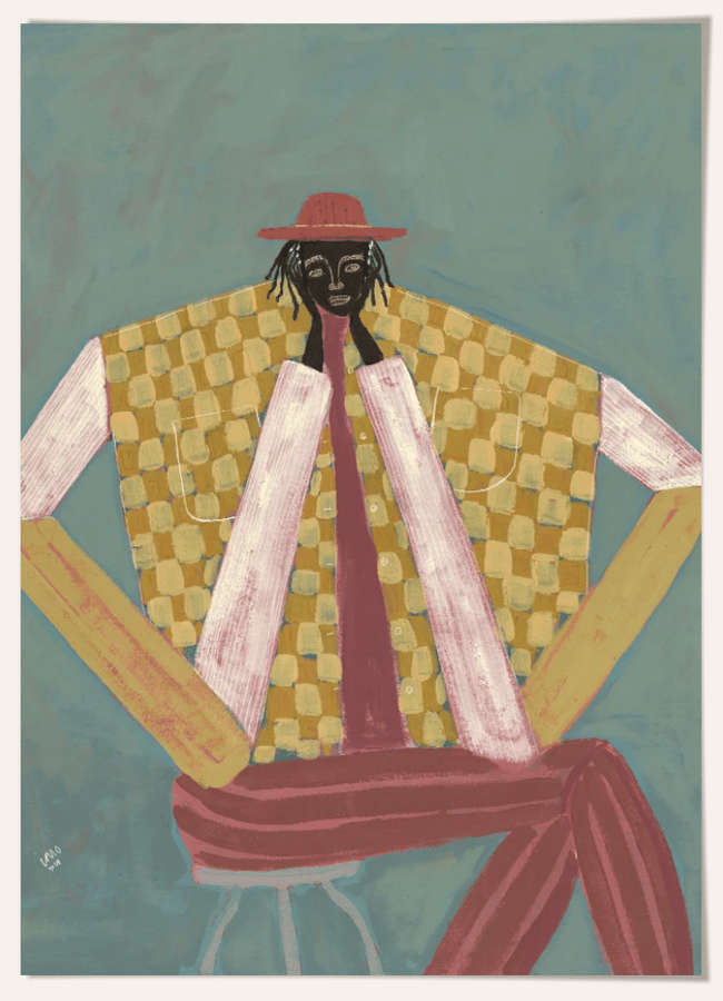 Stylised painting by a female artist of a person wearing a red hat and a yellow chequered shirt, sitting with their hands resting on their chin.