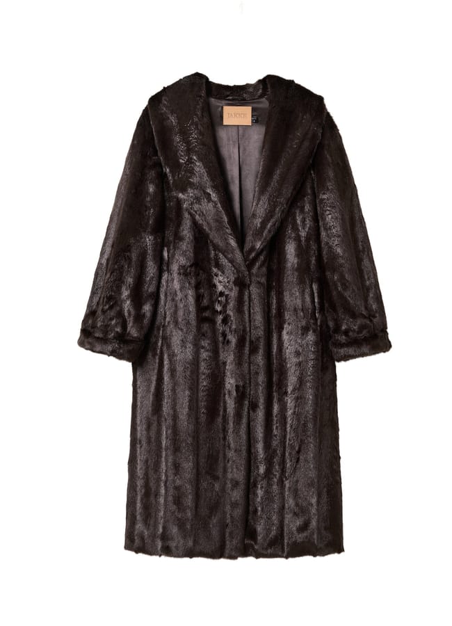 Dark brown faux fur coat from a black-owned fashion brand, featuring a shawl collar and wide sleeves.