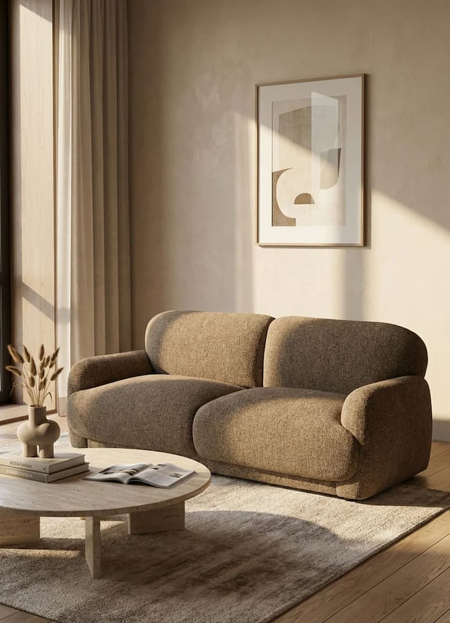 A rounded, textured tan bouclé sofa sits on a rug in a living room with a round coffee table and abstract wall art.