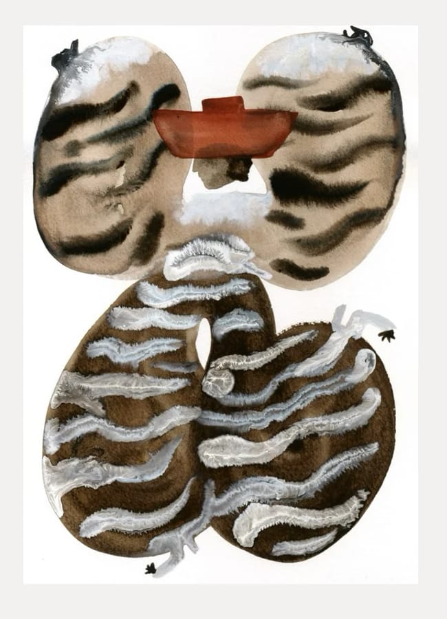 An abstract watercolour wall art painting featuring brown and black striped shapes with white textures, topped by a small, horizontal red rectangle.