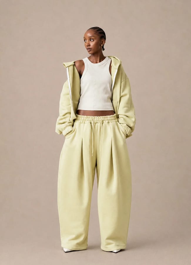 A person wearing a pale yellow zip-up hoodie from a black-owned fashion brand over a white vest and matching loose-fitting tracksuit bottoms.