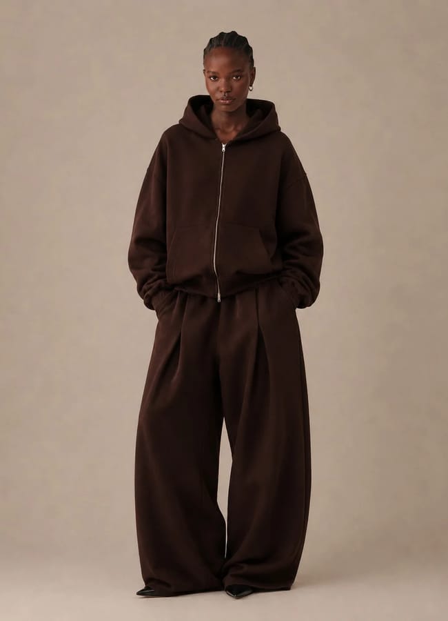 A person wearing a dark brown zip-up hoodie and matching wide-leg trousers from a black owned fashion brand.