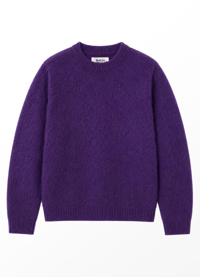 Fuzzy purple crewneck jumper with a Ro&Zo brand label at the inner neckline.