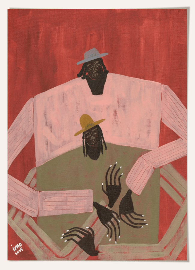 A stylised painting by a female artist showing two figures with dark skin and braided hair—one in a grey hat, the other in yellow—reaching across a green table against a red background, a vibrant piece of affordable wall art.