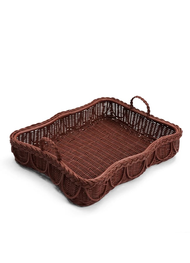 Rectangular brown woven wicker tray with two small handles, perfect for autumn table setting ideas.