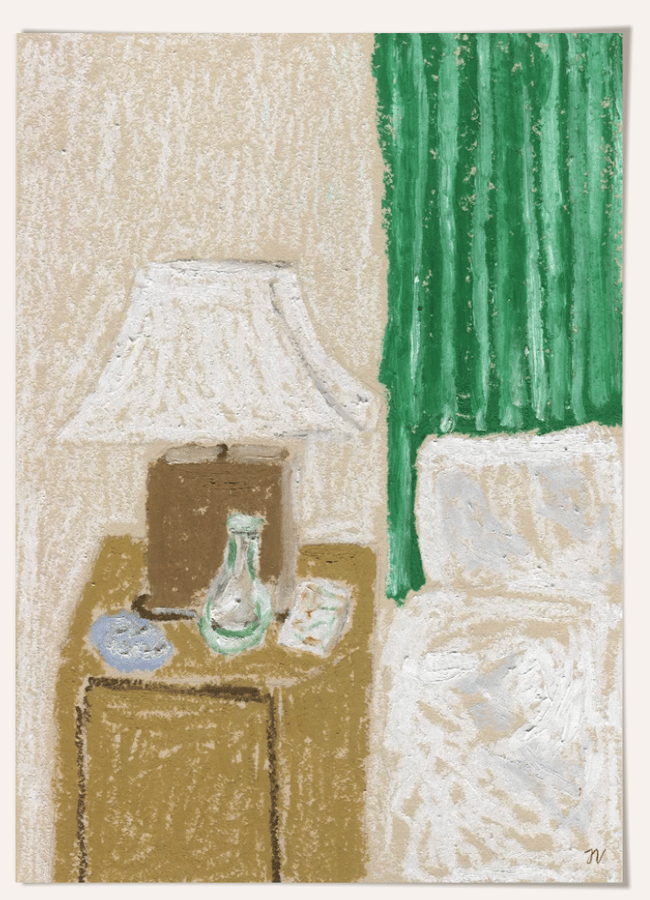 Oil pastel wall art of a bedside table with a lamp, a small vase, and a book next to a bed with a green curtain in the background.