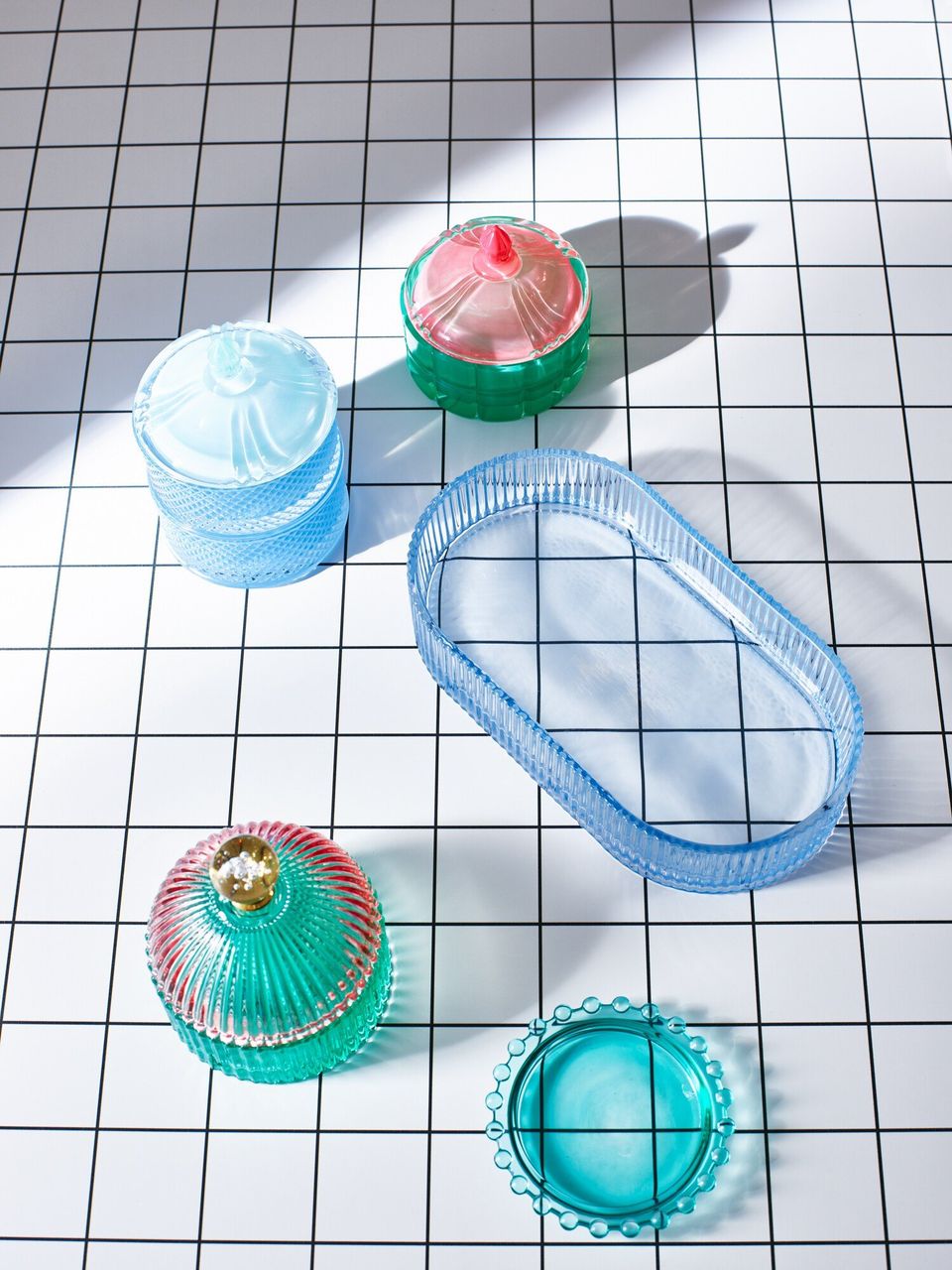 Fluted Glass Blue Storage Tray and dishes
