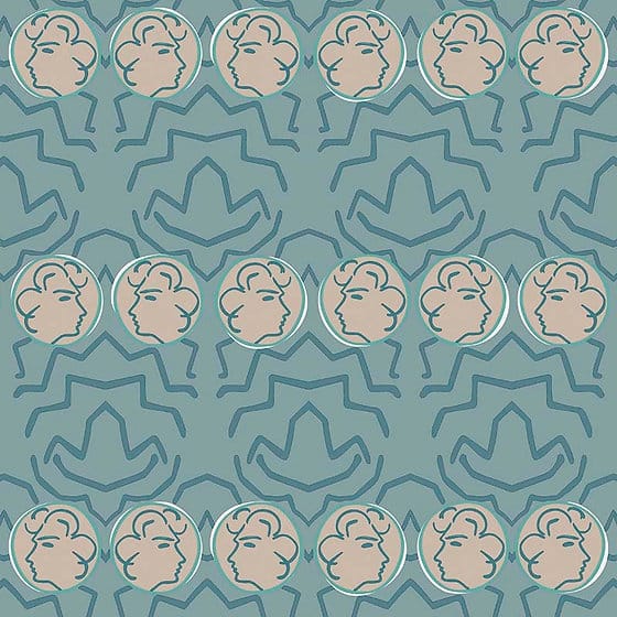 blue wallpaper with heads illustrations