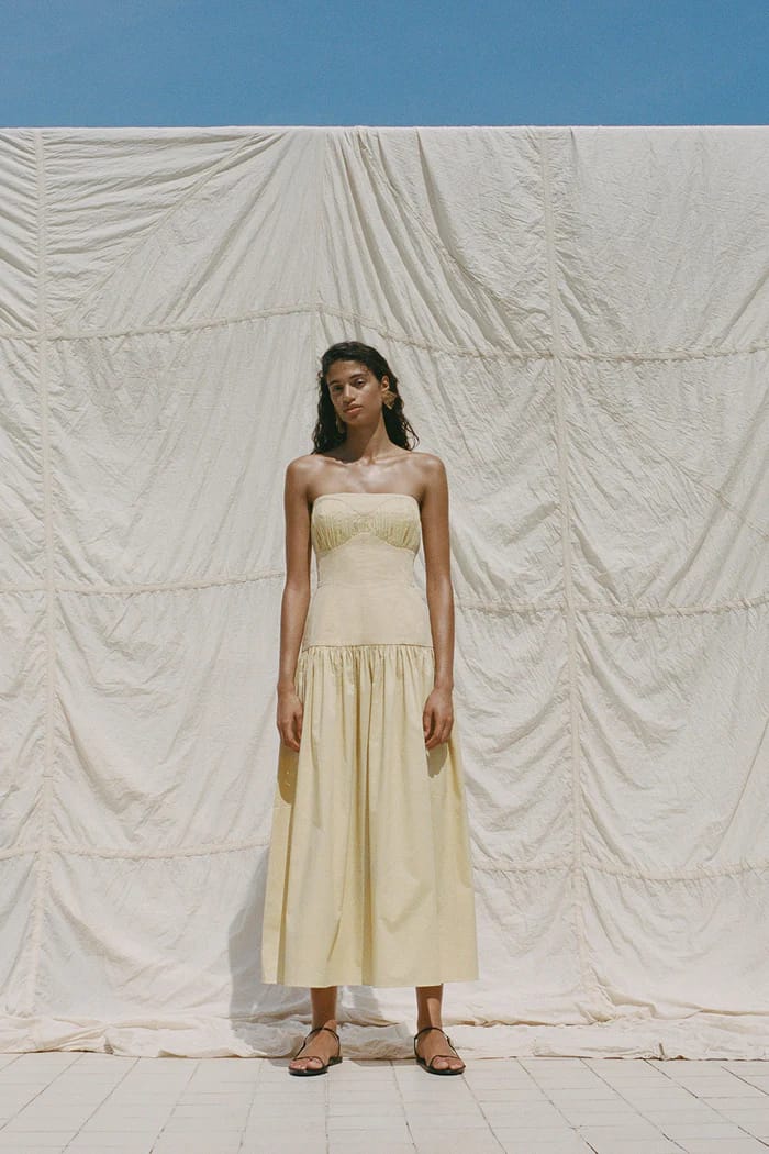 model wearing strapless yellow dress