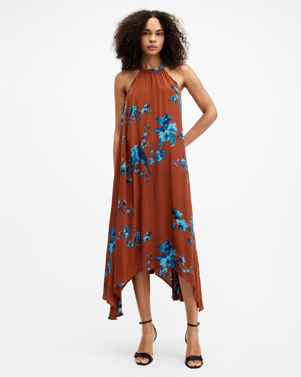 model wears brown and blue Mysti Halter Neck Floral Iona Maxi Dress