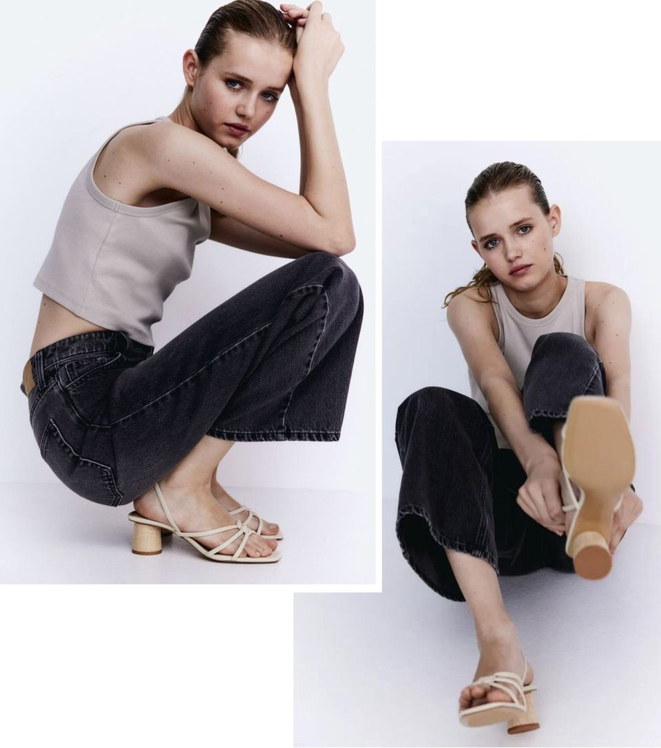 collage of model wearing Strappy heeled sandals