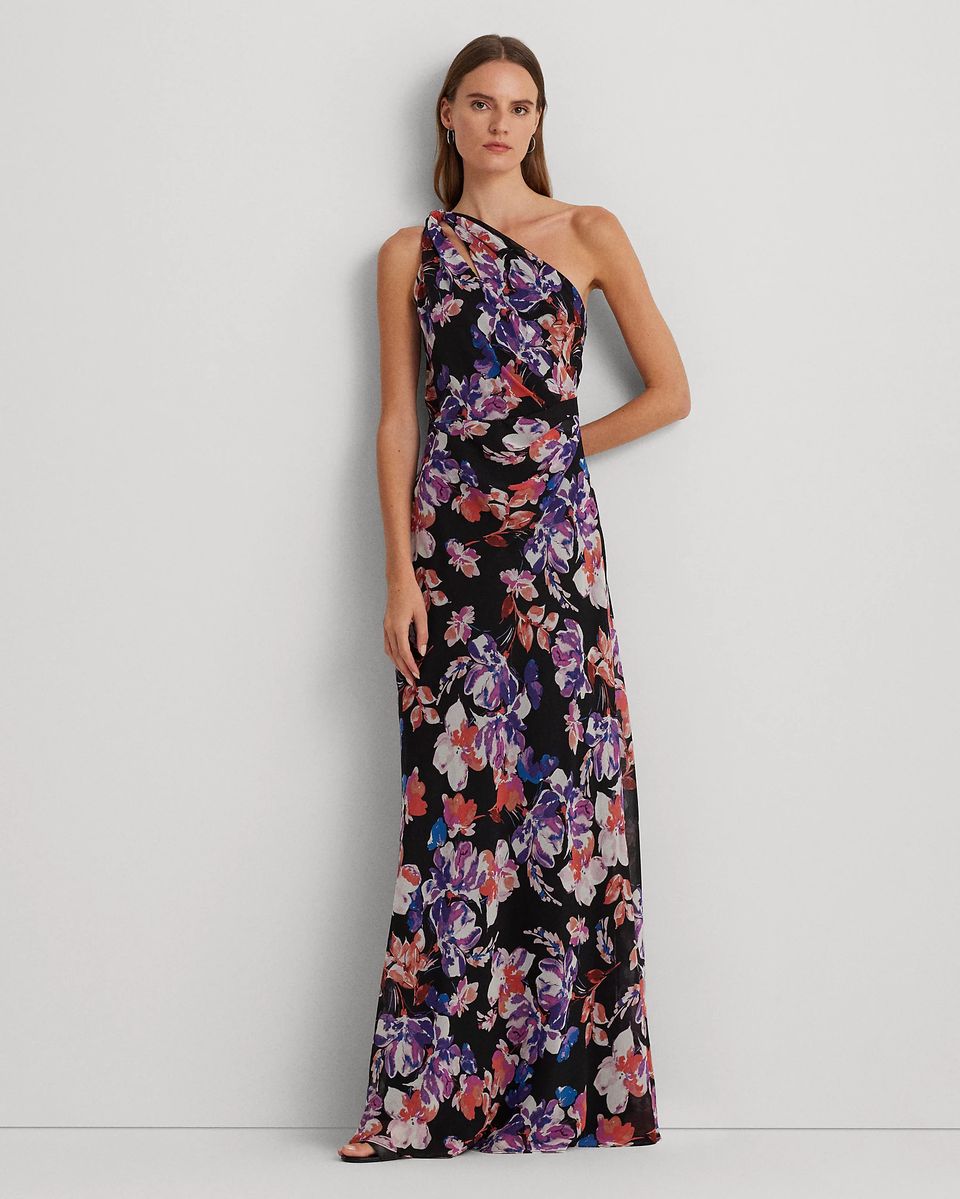 model in one shoulder floral dress