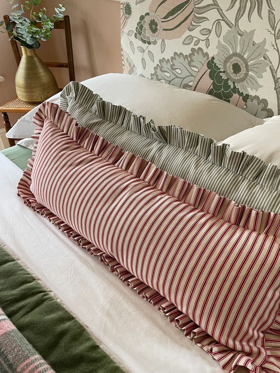 ETSY Extra Large Ruffled Lumbar Cushion Cover Striped Frilled Pillow Red Ticking Stripe 96cm x 40cm