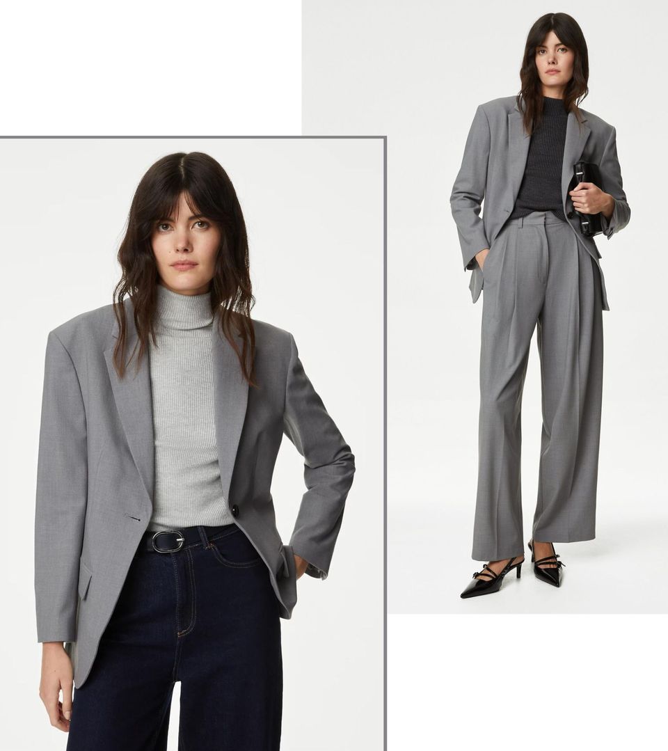 model wearing grey suit