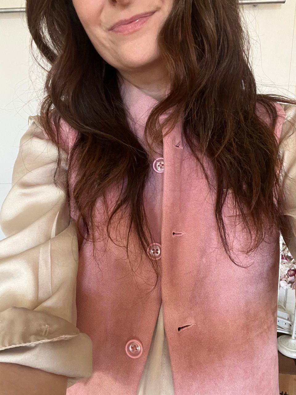 astrid carter wearing vintage pink suede waistcoat