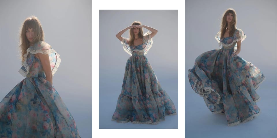 collage of model in blue floral selkie dress