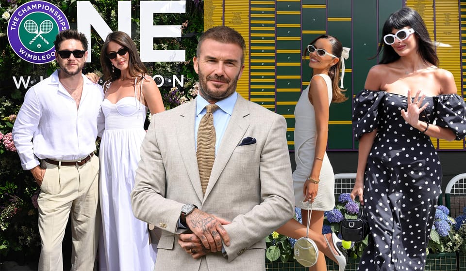 David Beckham stands by a Wimbledon sign, surrounded by stylishly dressed people, including Wimbledon celebrities like David Beckham, Jameela Jamil and more, all wearing sunglasses and summer outfits near flowers and the scoreboard.