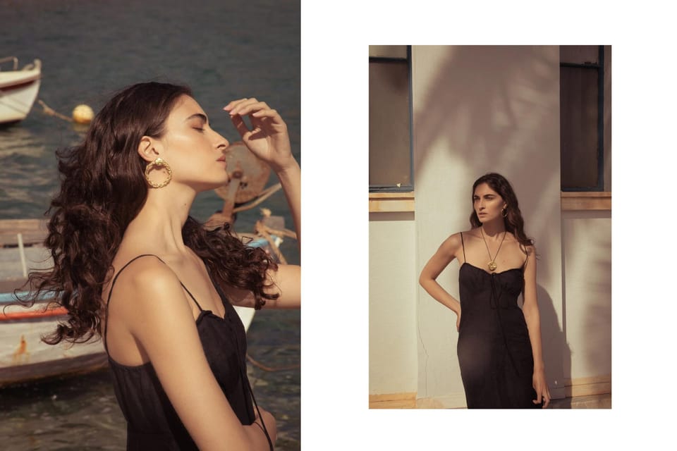 collage of model wearing gold earrings