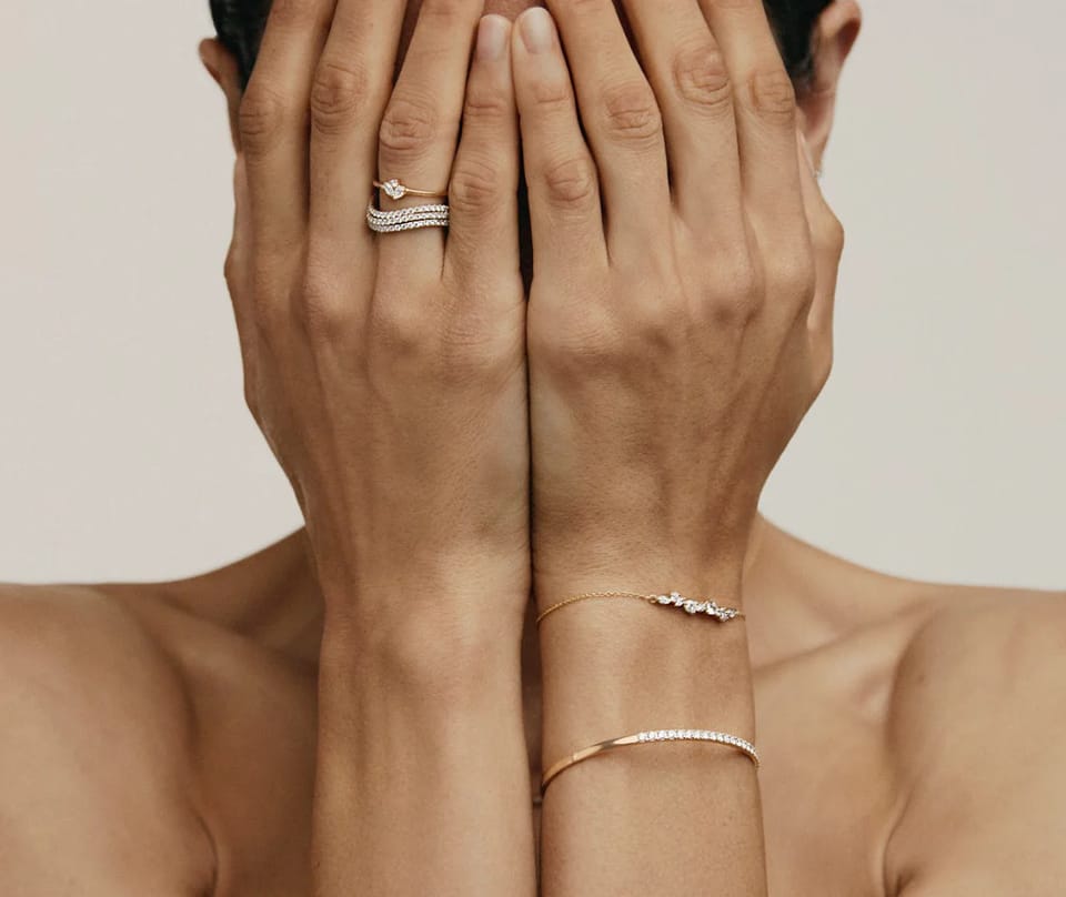 model with hands over eyes wearing Matilda lab grown diamond rings